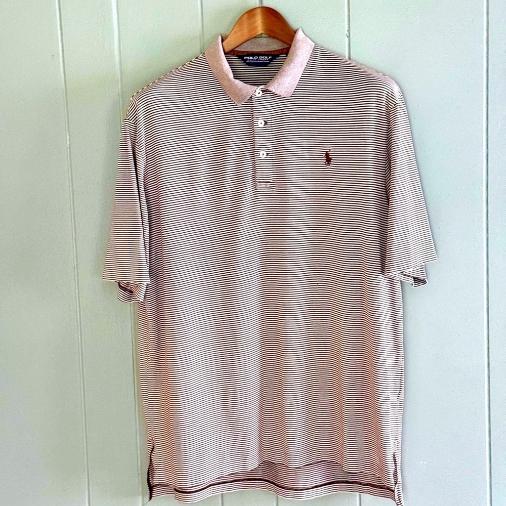 Polo Golf Ralph Lauren Men's L Striped Pima Cotton Polo Mocha Brown White READ